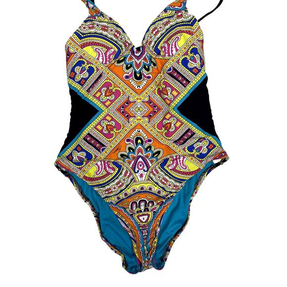Trina Turk Nepal Printed One Piece Swimsuit Beaded Cut Out Side Strappy Back 10 - Picture 3 of 8